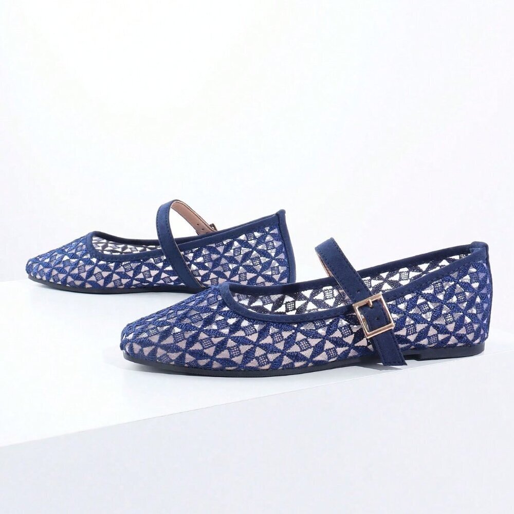 Blue Elegant Women's Woven Square Toe Slip-On Flats